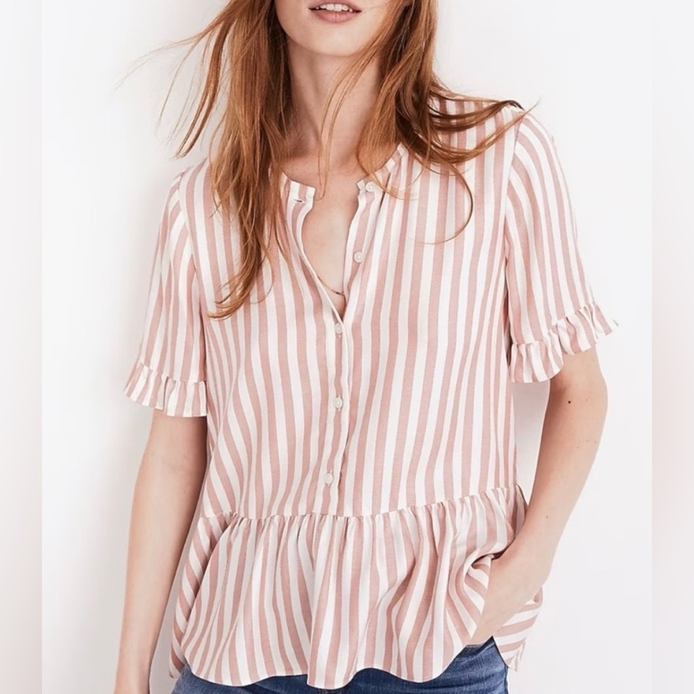Madewell Pink and White Striped Button-Front Peplum top Medium